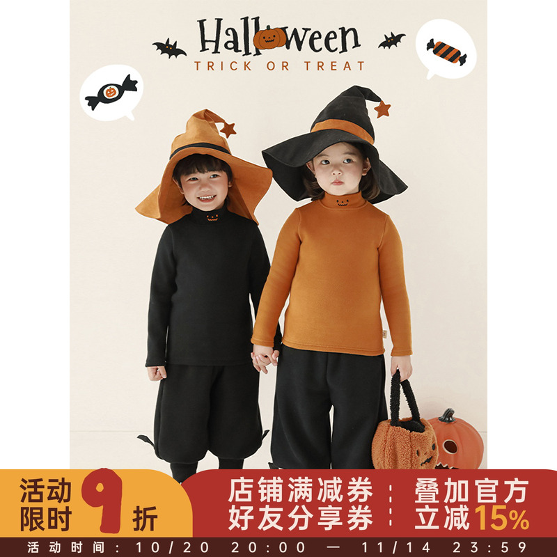 幼悠 女童加绒加厚半高领万圣节打底衫冬季搞怪表情刺绣保暖T恤潮