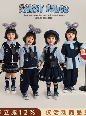幼悠女童春季新款娃娃领衬衫无袖马甲短裙宽松束脚裤兔子警探套装