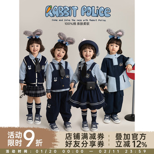 幼悠女童春季新款娃娃领衬衫无袖马甲短裙宽松束脚裤兔子警探套装