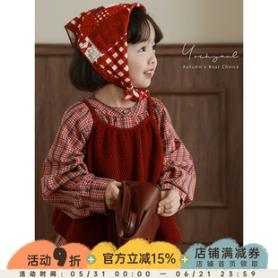 幼悠女童春秋洋气可爱韩系小甜妹显白复古红格纹衬衫吊带两件套潮