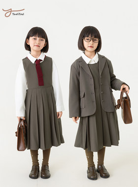 幼悠女大童宽松时尚长袖外套简约纯棉衬衫俏皮可爱短裙学院风套装