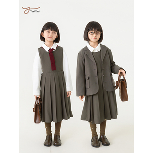 幼悠女大童宽松时尚长袖外套简约纯棉衬衫俏皮可爱短裙学院风套装