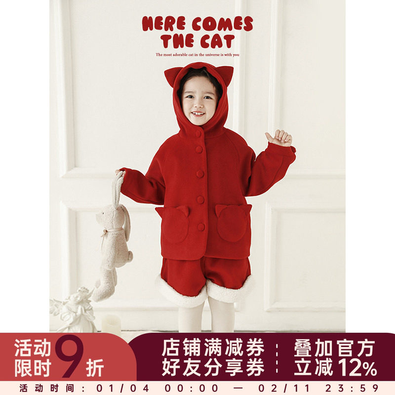 幼悠女童冬季套装加绒加厚猫耳连帽毛呢外套撞色拼接卷卷毛边短裤,童装/婴儿装/亲子装,套装,淘宝优惠券,粉丝福利购,淘宝优惠卷