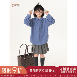幼悠女童2026春秋新款清新文艺经典蓝白小格上衣简约百搭全棉衬衫