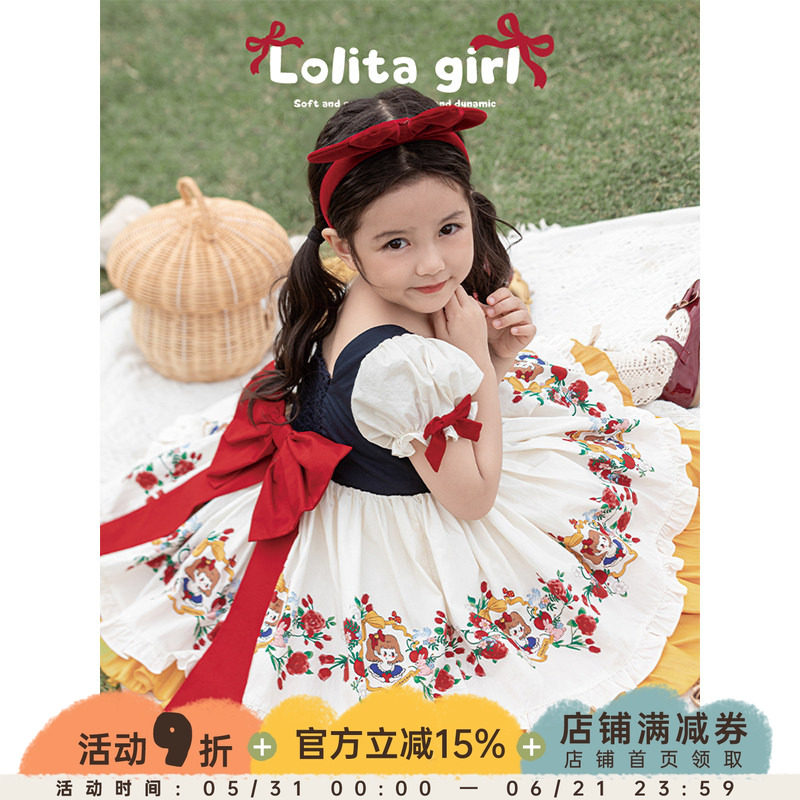 幼悠女童假两件式蝴蝶结裙子2025夏季公主风洛丽塔式泡泡袖连衣裙