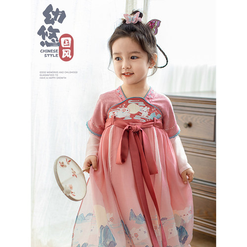 幼悠女童古风原创设计汉服连衣裙2026春夏季半臂拼接假两件袖裙子
