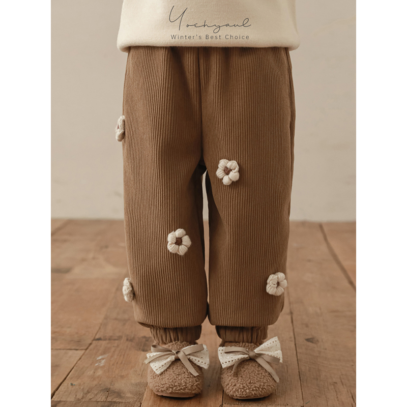 幼悠女童加绒加厚复古灯笼裤2025冬季手缝毛线花朵防风保暖萝卜裤
