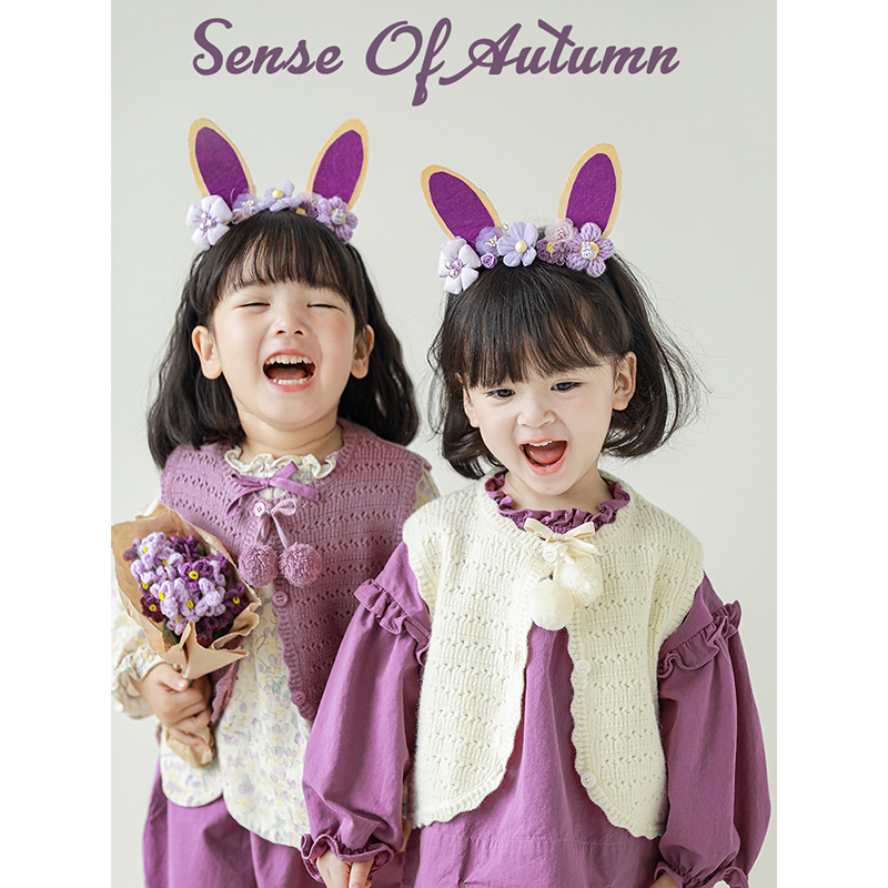 幼悠女童秋冬马甲镂空提花手工毛球宝宝纯色可爱外搭花边毛线背心