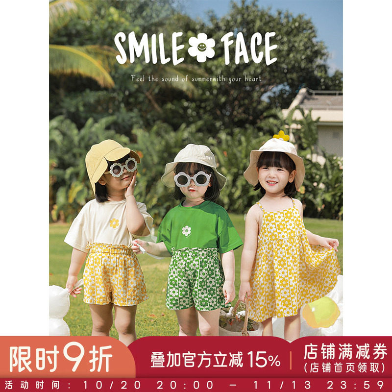 幼悠女童薄款夏季短袖简约宽松宝宝可爱印花连衣裙短裤休闲套装潮