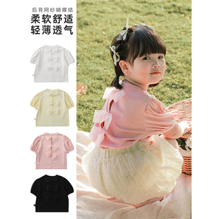 童装 T恤2025夏季 幼悠 泡泡袖 新款 蝴蝶结甜美休闲上衣女童透气短袖