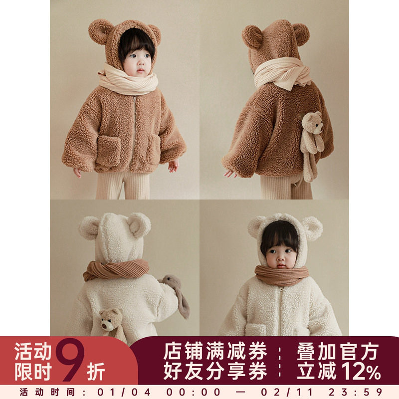 幼悠女童冬装新款中小童加厚外套儿童洋气保暖连帽毛绒上衣秋冬装