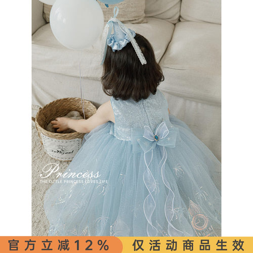 幼悠女童连衣裙儿童蓝色网纱裙夏季新款清凉无袖亮片公主裙戴头纱