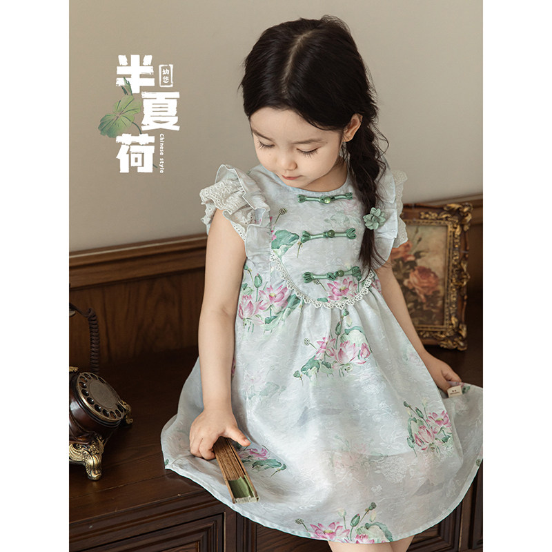 幼悠女童中式荷叶飞袖连衣裙2025夏季定染晶珠一字盘扣国风裙子潮 - 实物图