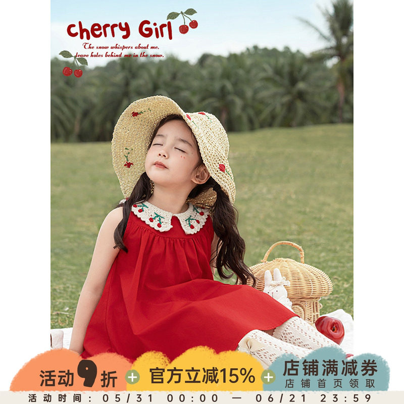 幼悠女童毛织樱桃翻领大裙摆背心裙夏季俏皮可爱清爽无袖连衣裙潮