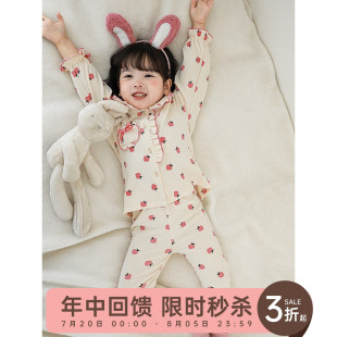 女童秋冬蝴蝶结木耳花边女宝宝弹力睡衣两件套 幼悠女童家居服套装