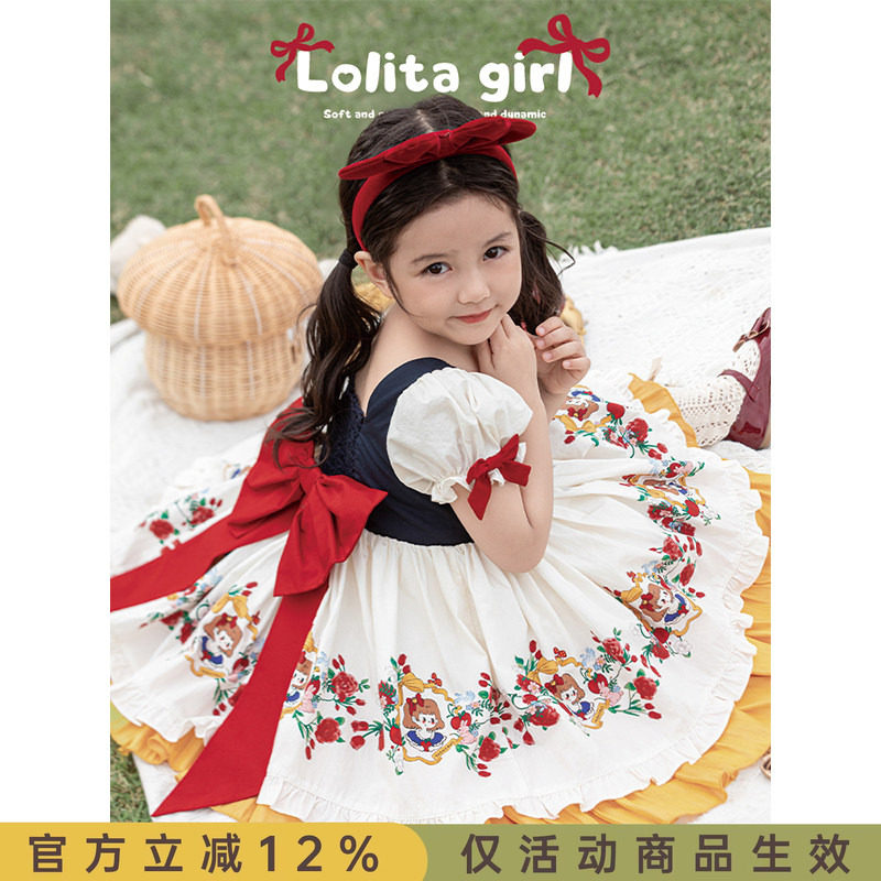 幼悠女童假两件式蝴蝶结裙子2025夏季公主风洛丽塔式泡泡袖连衣裙