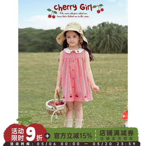 幼悠女童复古清新色织红格背心裙夏季柔软亲肤猫咪造型翻领裙子潮