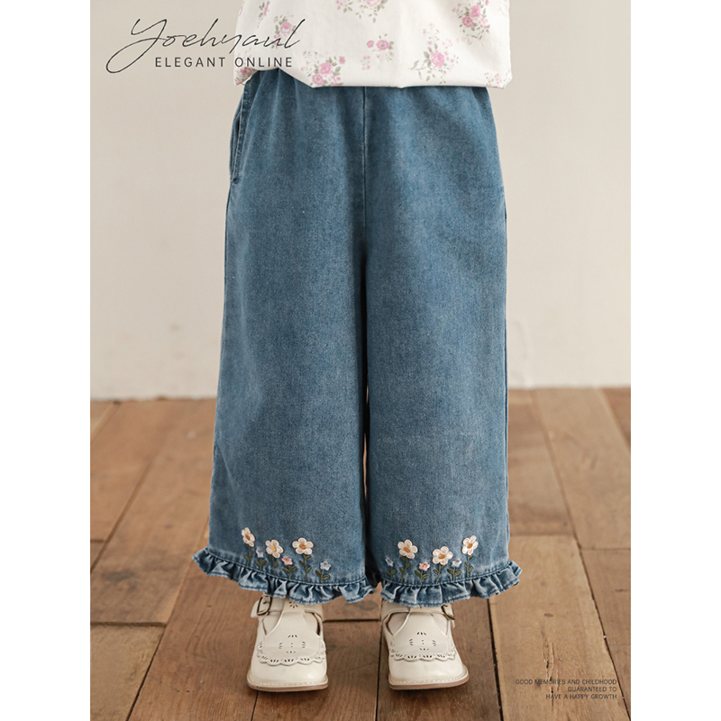 幼悠女童花朵刺绣花边牛仔裤2025春季洋气可爱亲肤透气宽松直筒裤