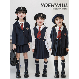 幼悠女童学院风套装英伦复古西装外套徽章绣标衬衫中大童针织开衫