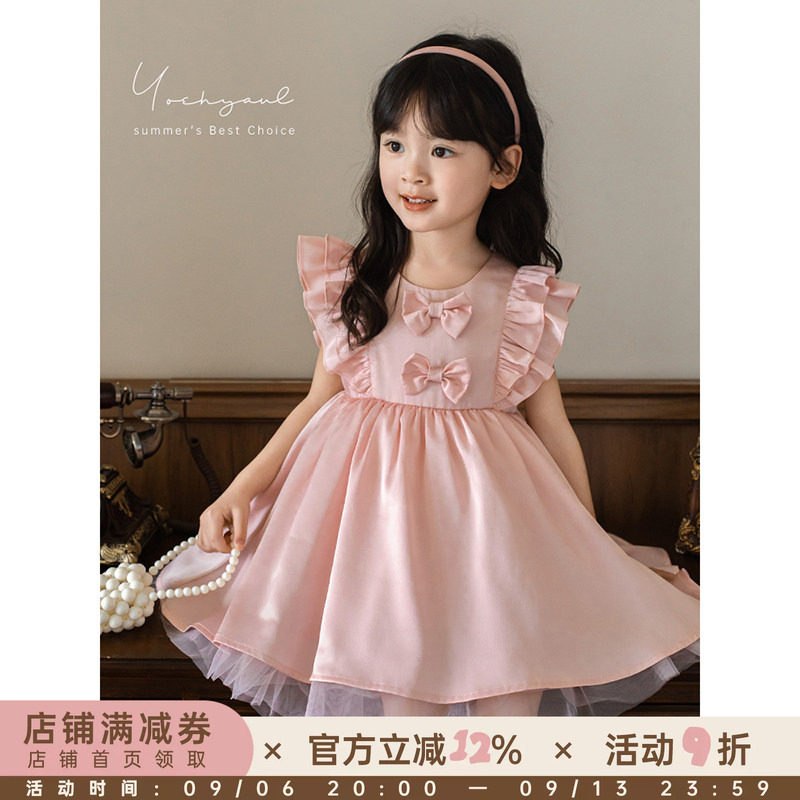 幼悠女童唯美花边双层飞袖公主裙2025夏季甜蜜可爱蝴蝶结连衣裙潮