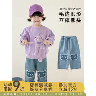 子宝宝卡通贴布卡小熊直筒长裤 儿童休闲裤 春秋新款 幼悠女童牛仔裤
