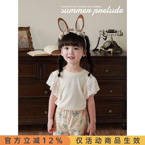 幼悠女童圆领娃娃衫2025夏季网纱飞袖宝宝镂空透气蝴蝶结百搭上衣