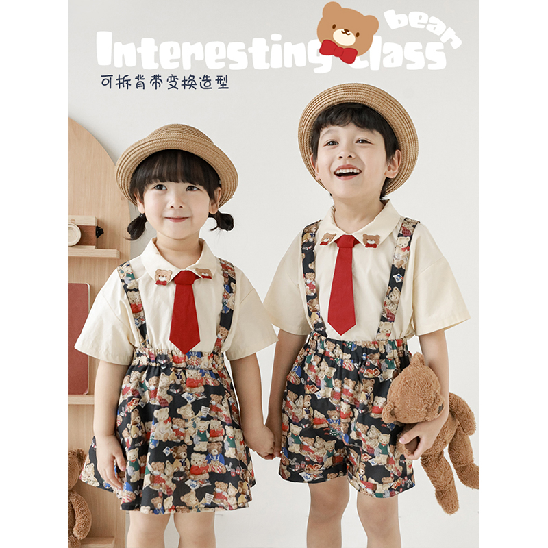 幼悠女童学院风衬衫2025夏季新款卡通小熊背带裤宝宝可爱休闲套装