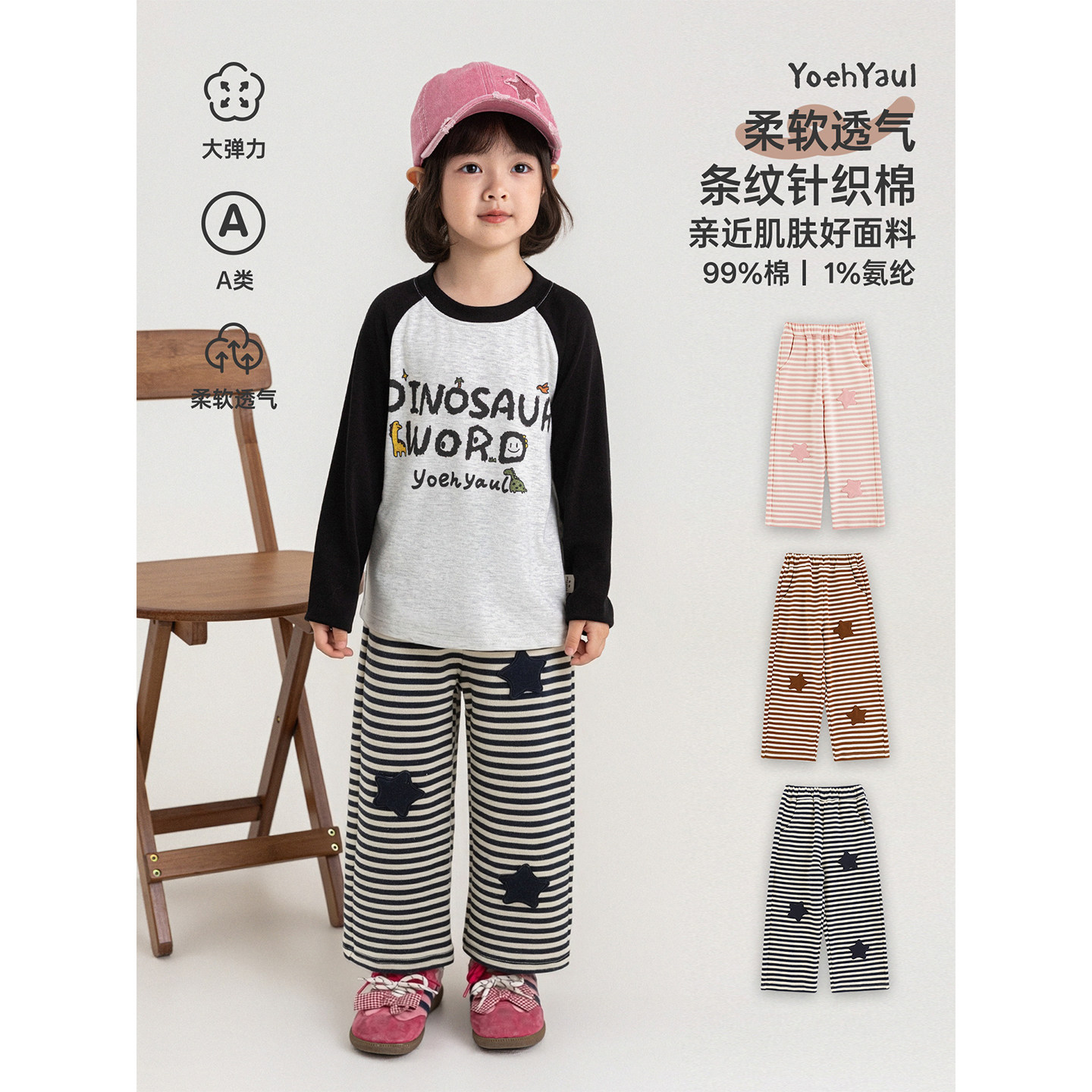 幼悠女童休闲裤儿童秋季新款星星条纹宽松直筒裤厚实耐看女孩裤子图片