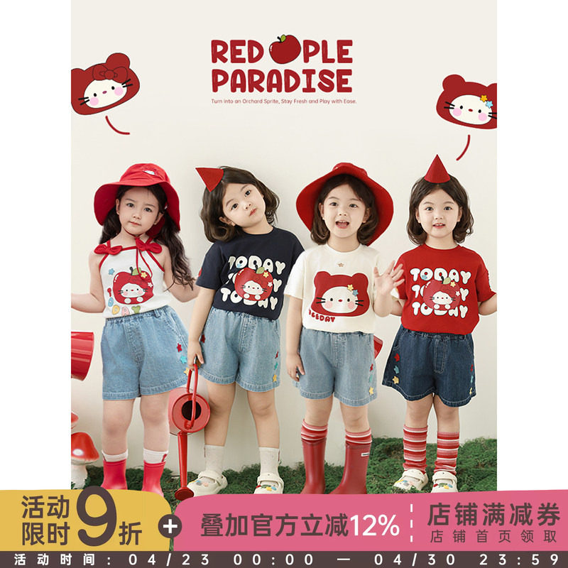 幼悠 女童红苹果系列夏季猫咪印花T恤星星贴布绣标牛仔短裤多件套