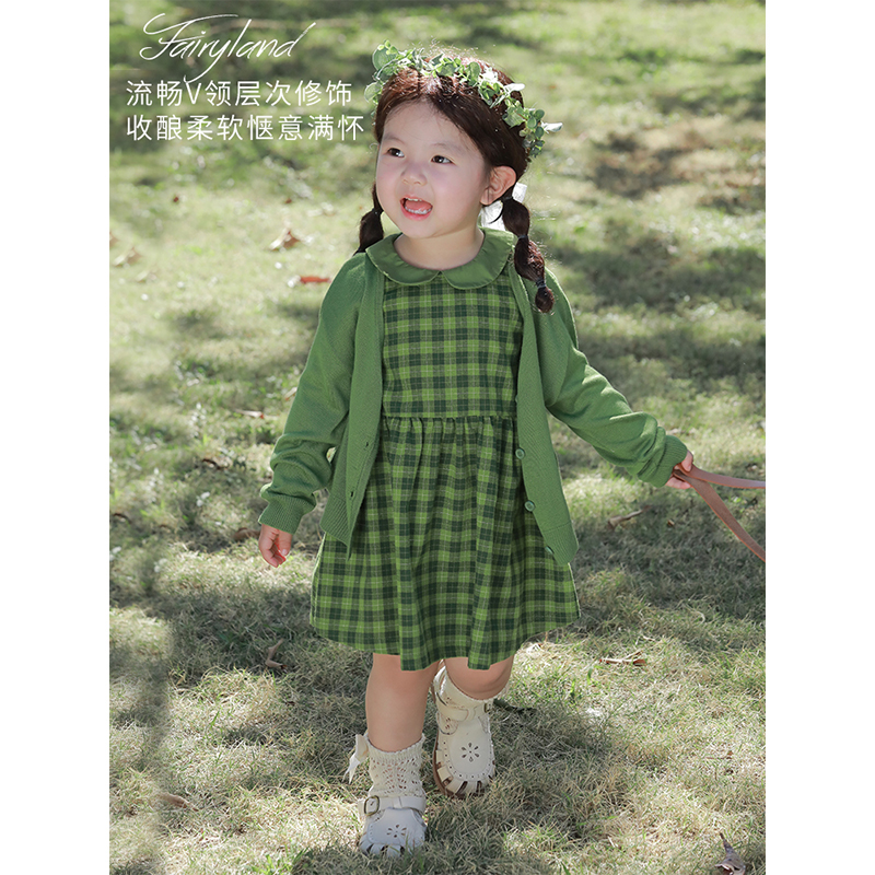 幼悠女童格子连衣裙2025春款纯色针织开衫女宝宝可爱宽松无袖裙子