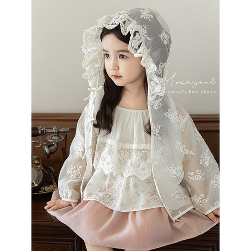 幼悠女童蕾丝绣花防晒服2025夏季儿童甜美可爱轻薄透气连帽外套潮