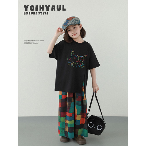 幼悠女大童宽松半袖定制织带原创小猫泡浆印花短袖/ 天丝棉阔腿裤