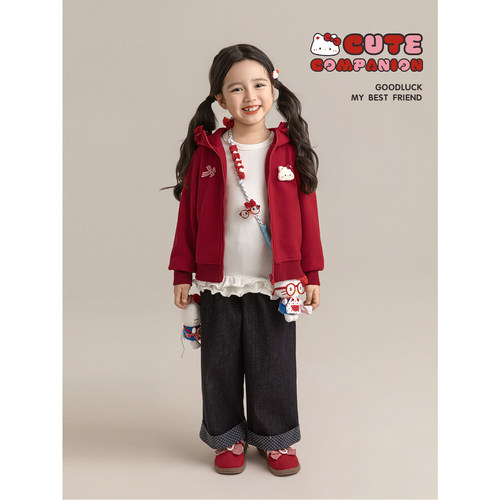 幼悠女童休闲风卫衣外套春秋童趣可爱猫猫玩偶洋娃娃花边连帽上衣