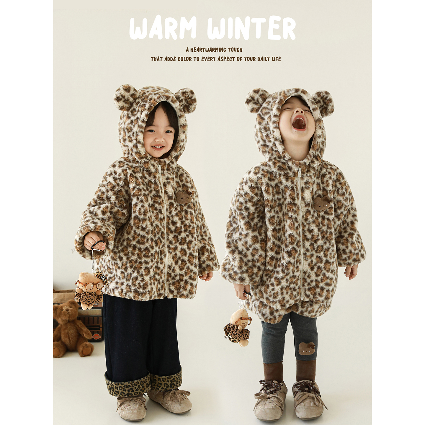 幼悠女童小豹子套装蓄热抗风加绒加厚毛绒外套时髦假两件打底裤子