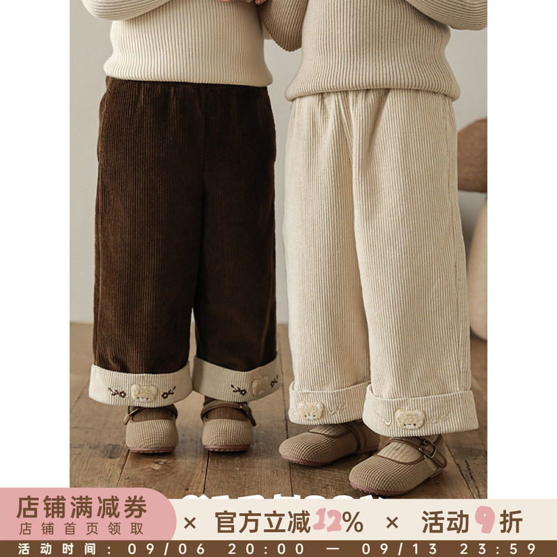 幼悠女童小熊绣花直筒阔腿裤冬季童趣可爱牛筋腰灯芯绒休闲裤子潮