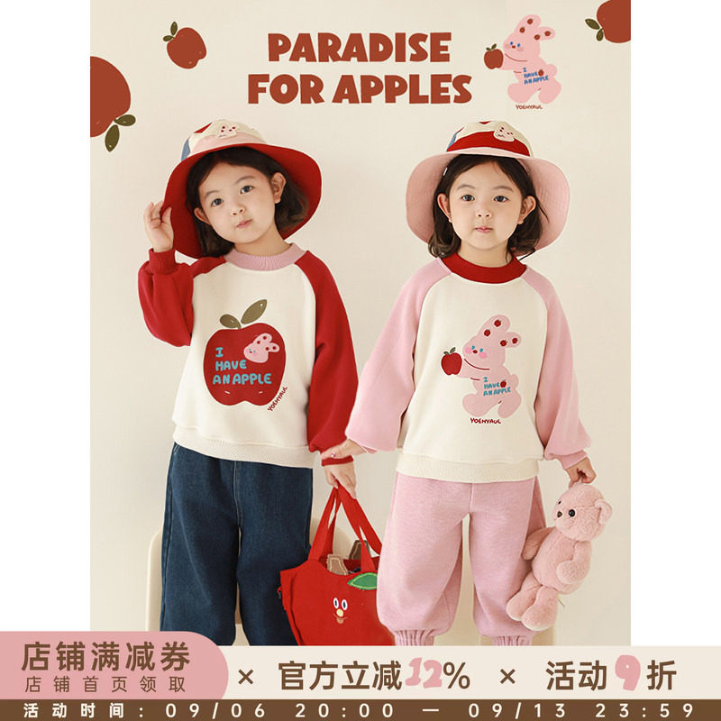 幼悠女童加绒加厚苹果兔子印花卫衣冬季童趣可爱拼色插肩袖上衣潮