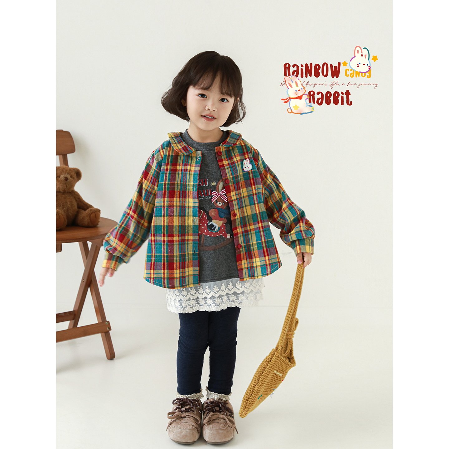 幼悠女童彩虹糖块色织格子娃娃领衬衫春秋萌趣可爱抗皱耐磨上衣潮图片