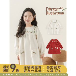 幼悠女童优雅森女风仿手工绣兔耳连衣裙春秋柔软透气蘑菇绣花裙子