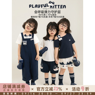 幼悠女童夏季套装猫猫印花短袖透气百搭短裤宽松直筒八分背带裤潮
