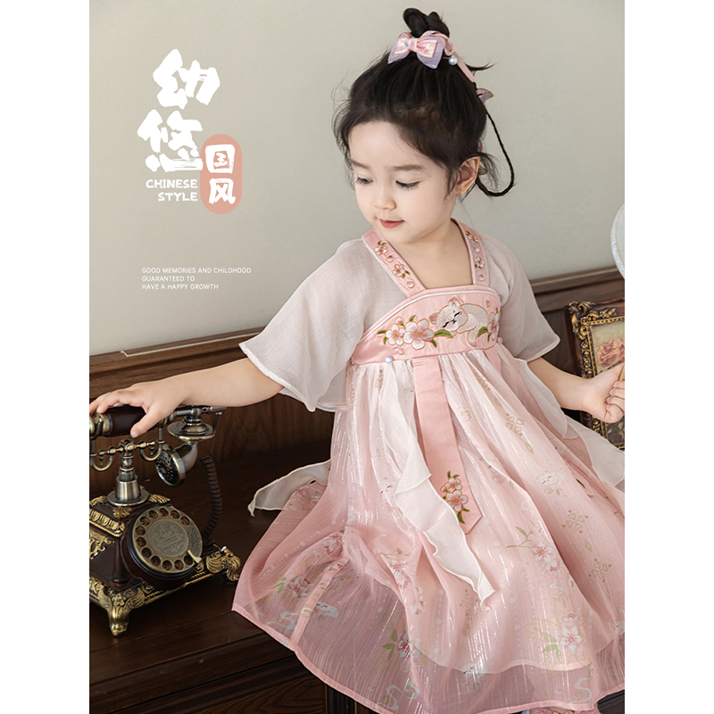 幼悠女童猫咪汉服连衣裙2025夏季甜美可爱空气天丝拼接国风裙子潮