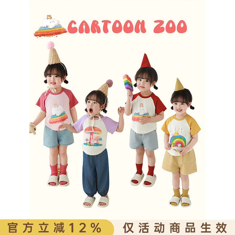 幼悠 女童卡通印花短袖夏季俏皮可爱轻薄透气修身短款插肩袖T恤潮图片