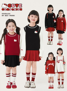 幼悠 女童甜咪校园系列少女心蝴蝶结T恤针织罗纹毛衣马甲多件套潮