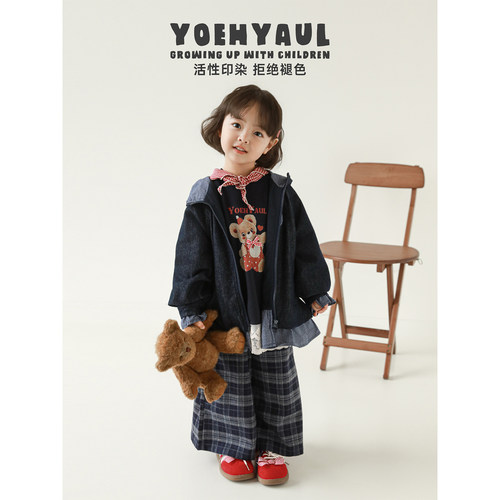幼悠女童韩系连帽牛仔外套春秋俏皮可爱亲肤柔软时尚百搭休闲上衣
