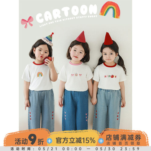 幼悠 女童卡通印花插肩袖修身T恤2025夏季撞色吸睛舒适休闲短袖潮