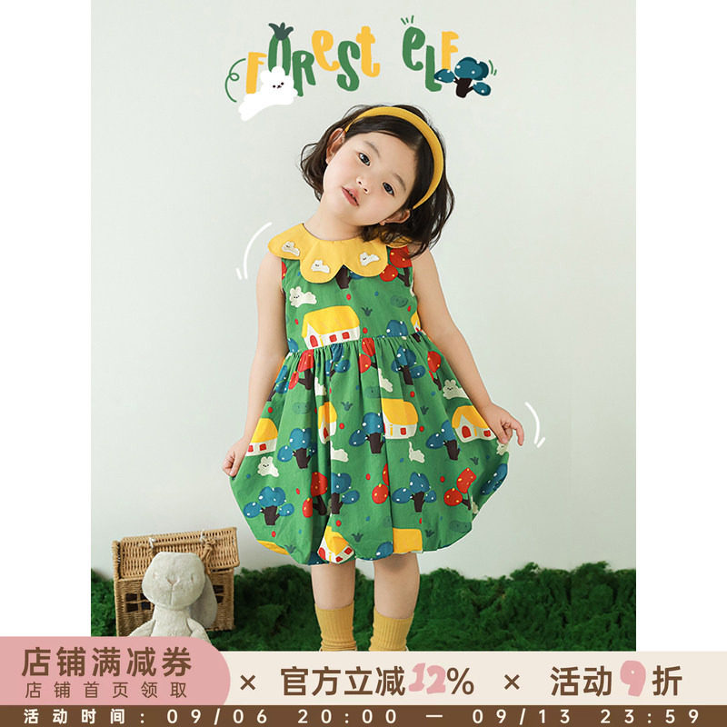 幼悠女童牛筋收褶花苞裙2025夏季儿童甜美可爱花瓣翻领无袖连衣裙图片