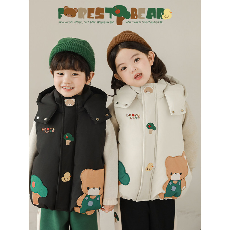 幼悠女童卡通森林熊棉服马甲冬季萌趣可爱防风保暖可拆连帽背心潮