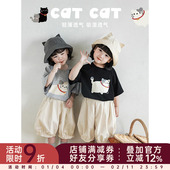 女童卡通猫咪短袖 夏季 儿童宽松休闲插肩袖 幼悠 T恤宝宝简约五分袖
