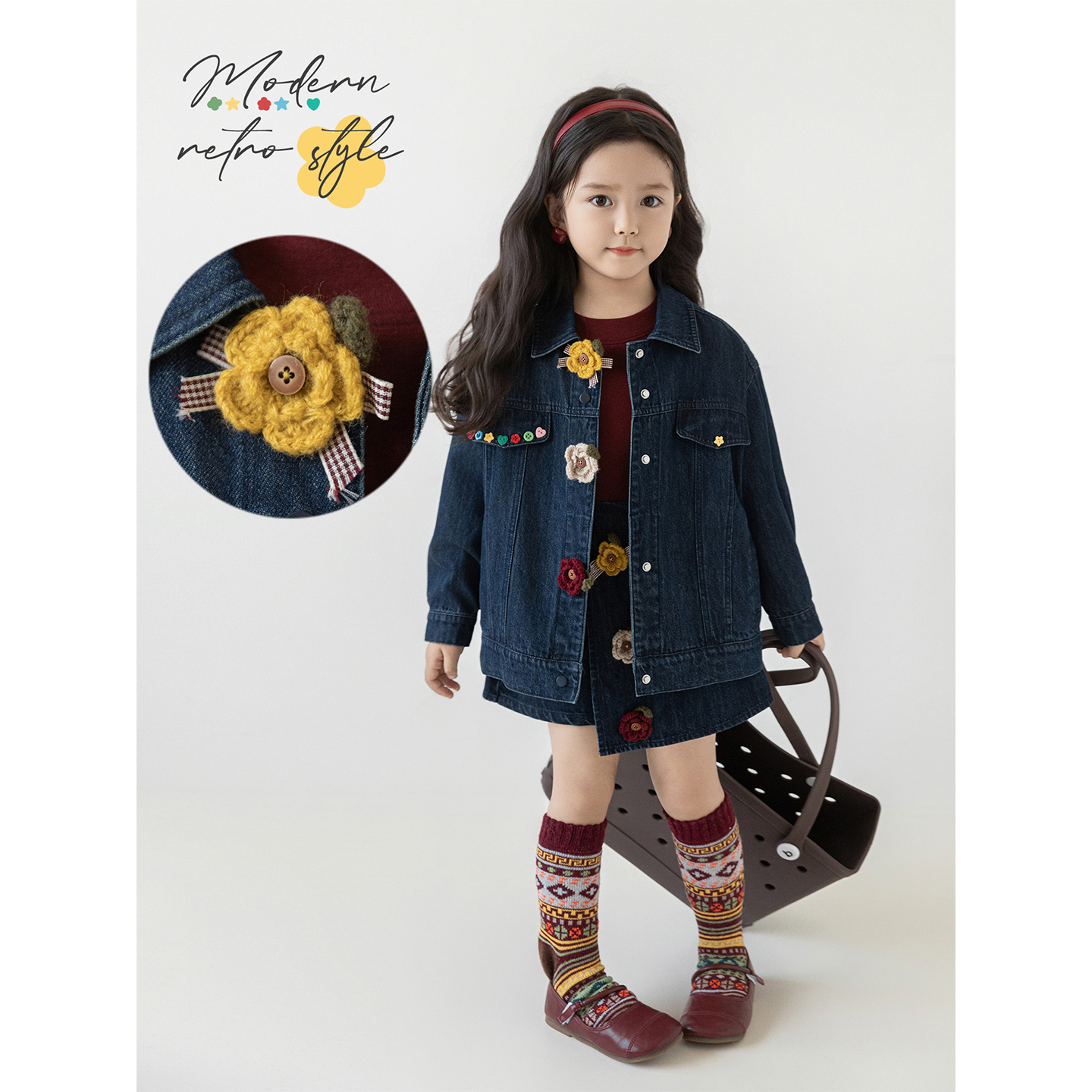 幼悠女童摩登复古风牛仔套装2025秋季甜美俏皮牛仔外套假两件裙裤