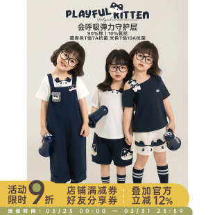 宽松直筒八分背带裤 幼悠女童夏季 透气百搭短裤 猫猫印花短袖 潮 套装