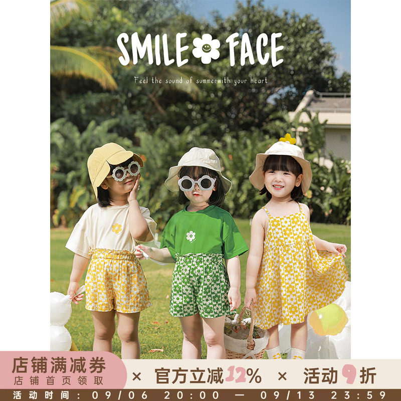 幼悠女童薄款夏季短袖简约宽松宝宝可爱印花连衣裙短裤休闲套装潮